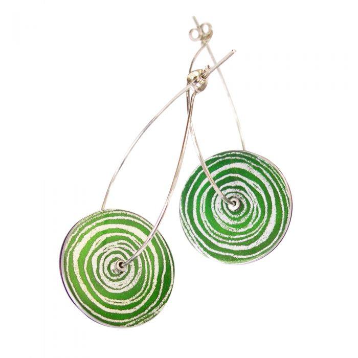 'New Dawn' round green Scroll inspired drop earrings