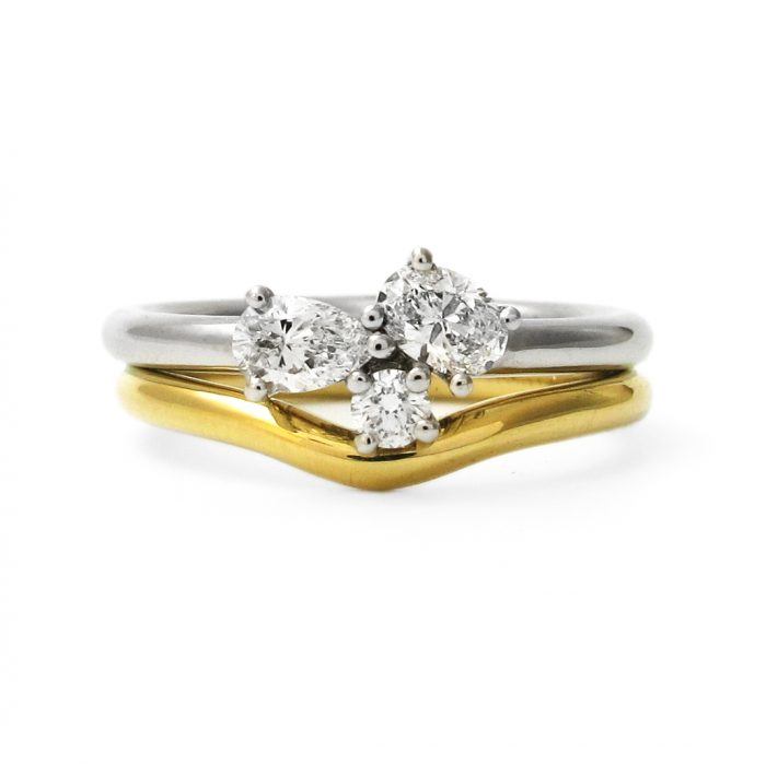 Asymmetric mixed white diamond cluster engagement ring with wedding band Sara Gunn jewellery