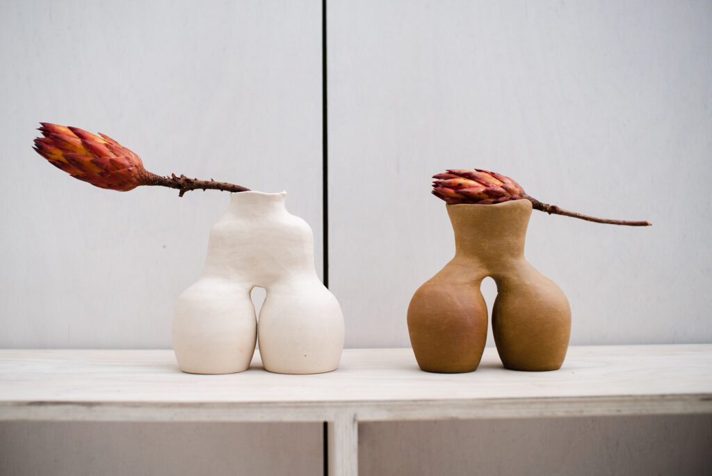 Two wide-legged, unglazed ceramic vessels, one white, one terracotta, sit side by side on a white shelf. Flower buds are perched across their openings