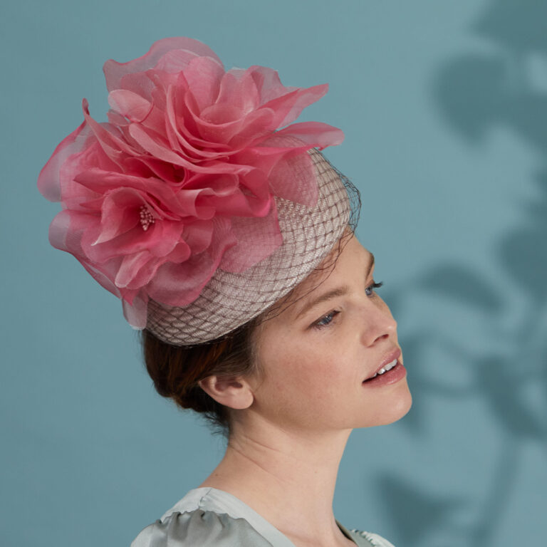Silver/grey cocktail hat with large pink flower - Elizabeth, by Judy Bentinck