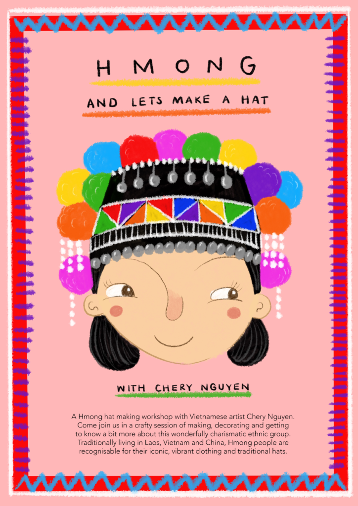 A pink poster with a cartoon face in the middle showing what a traditional Hmong hat may look like.