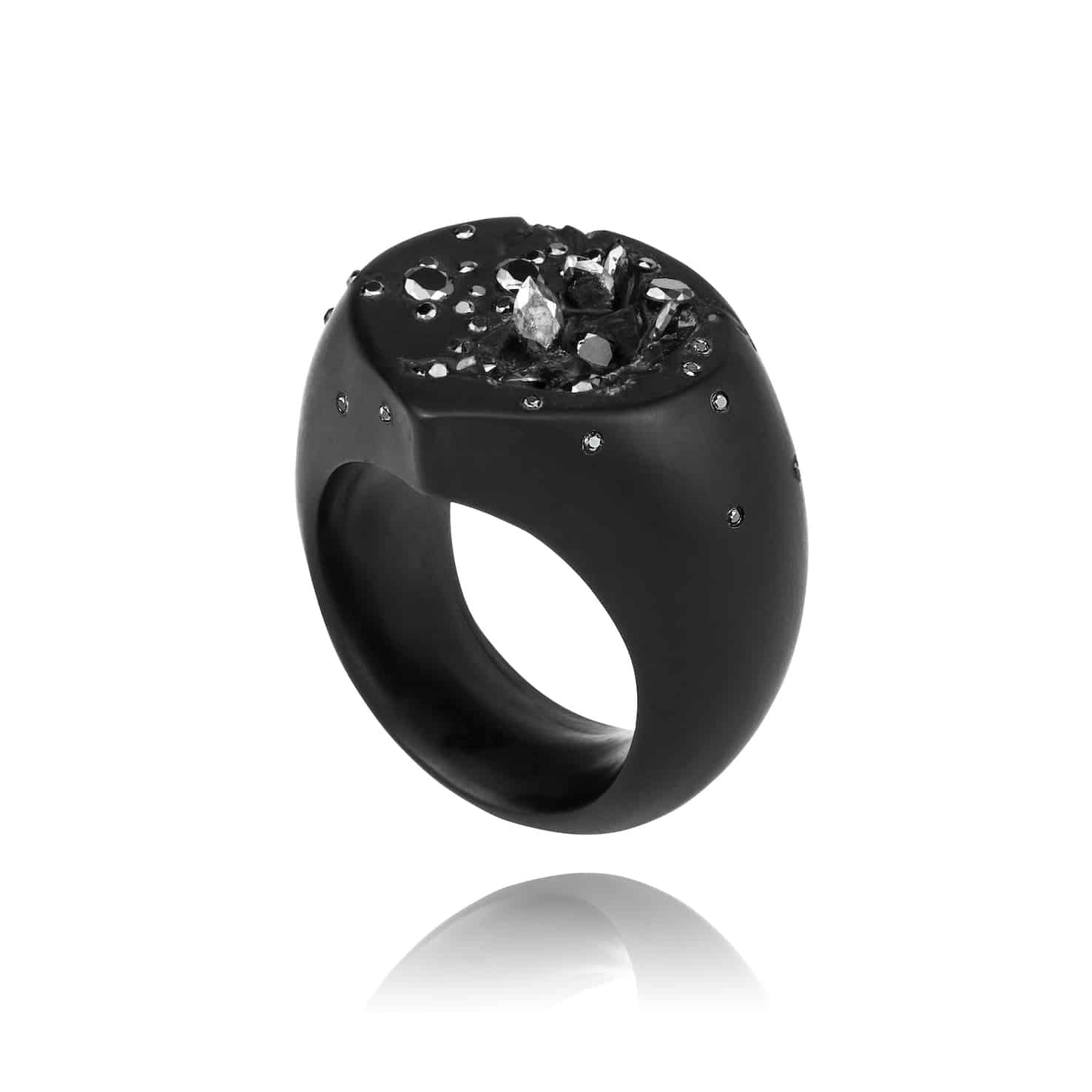 Whitby jet hand carved signet ring black diamonds