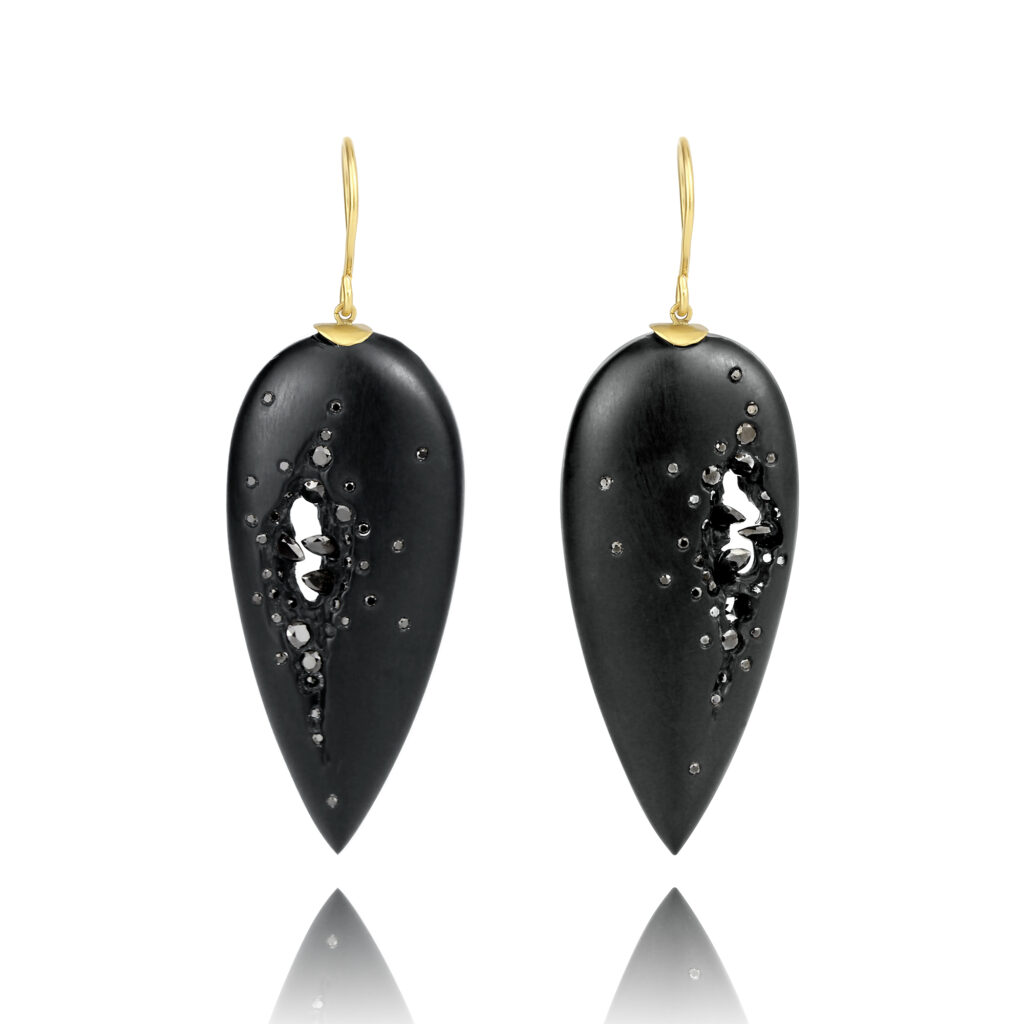 Whitby Jet hand carved drop earrings yellow gold black diamonds