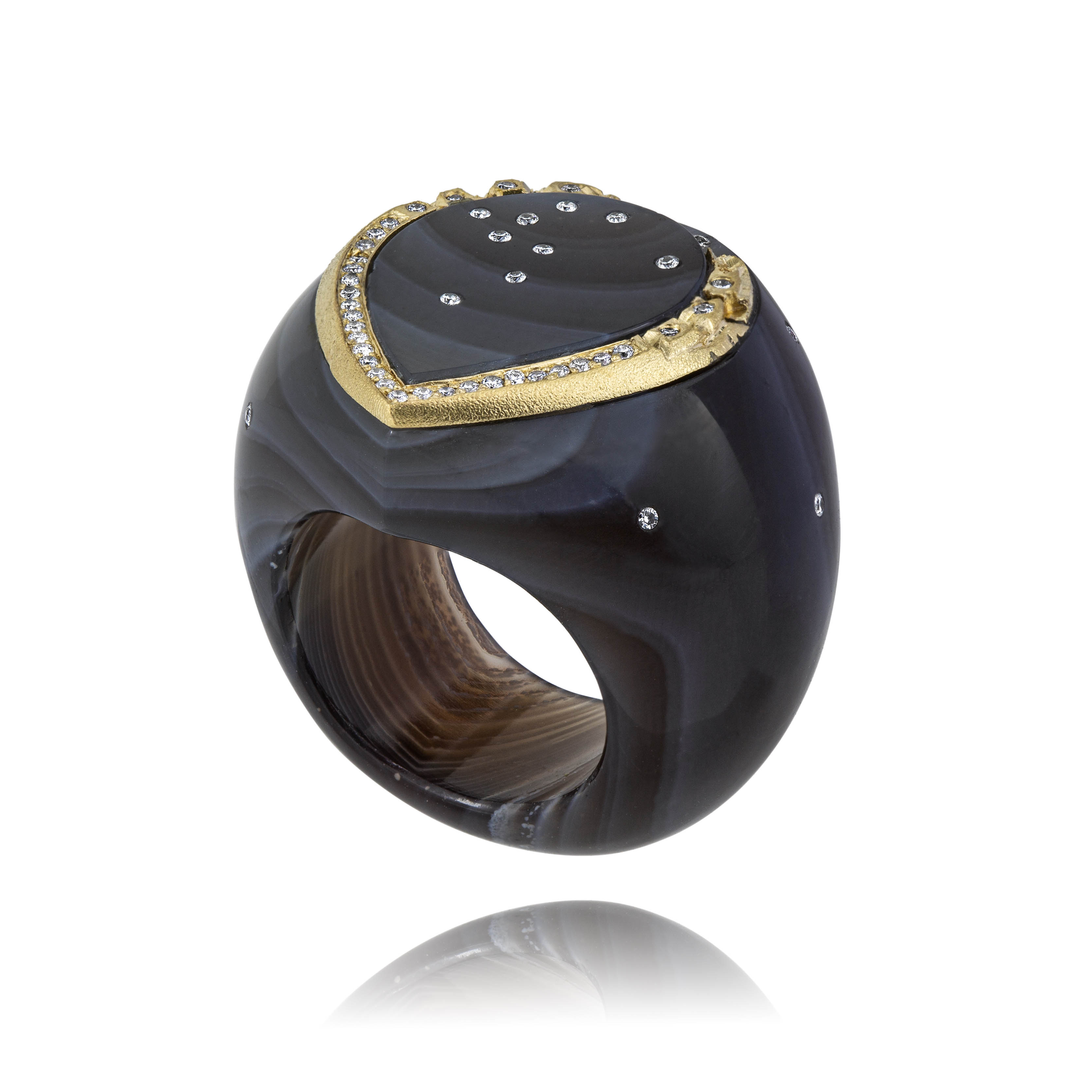 Botswana Agate Pavé diamond and yellow gold signet Ring