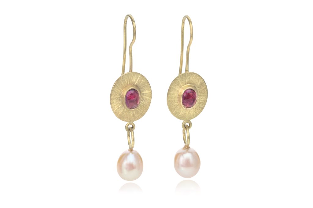 Pink tourmaline and pearl earrings, 18ct yellow gold