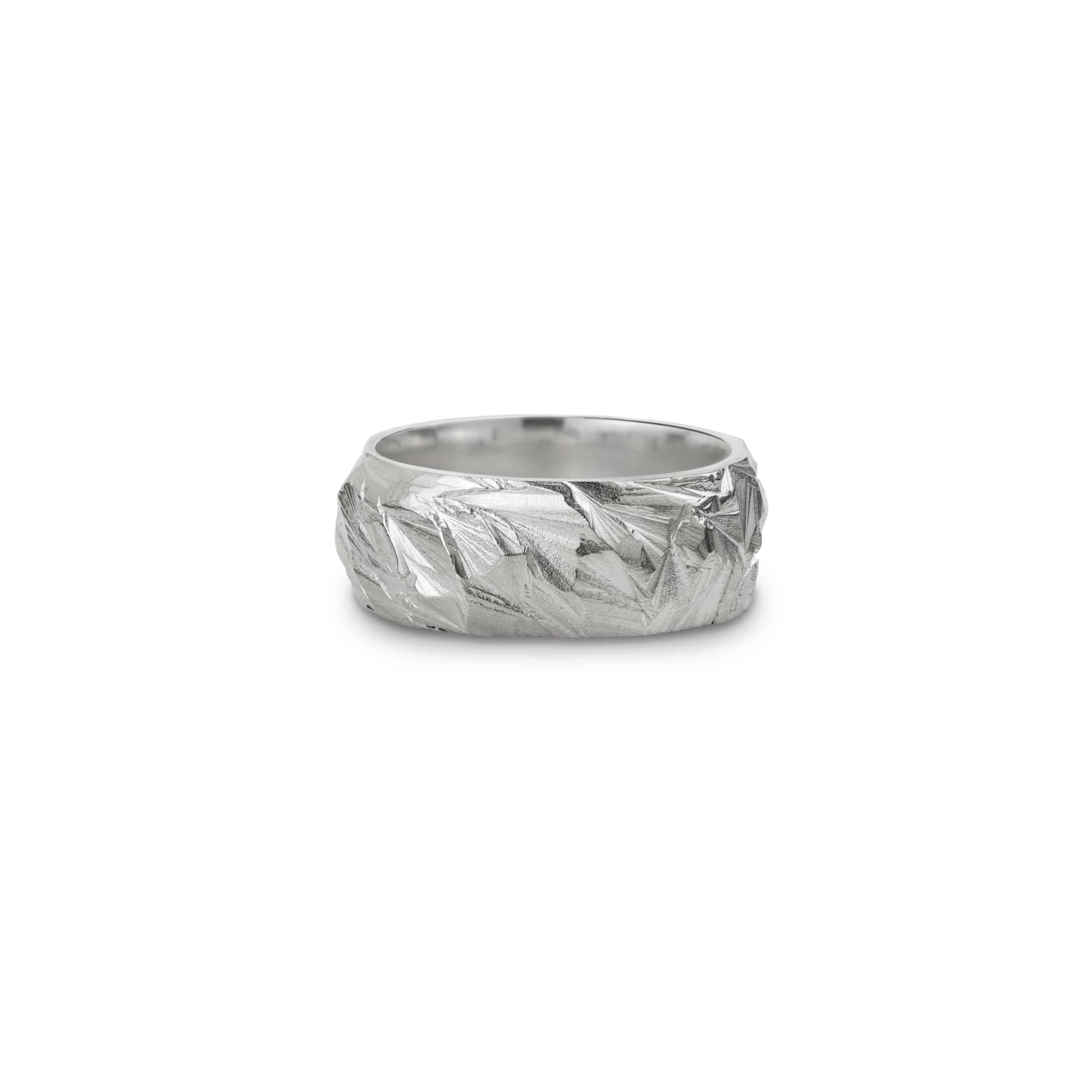 Wide carved textured silver wedding band