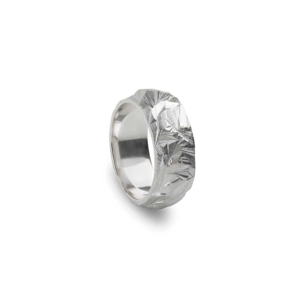 Wide carved textured silver wedding band