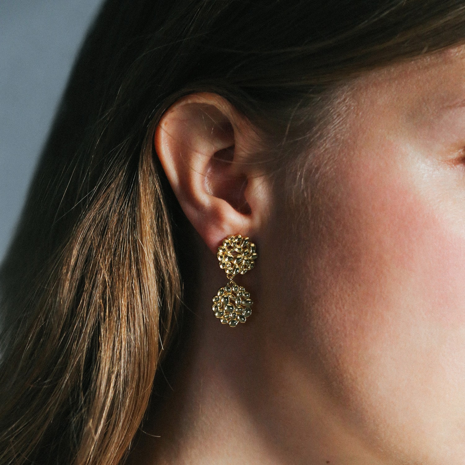 'Shimmer' circular textured drop earrings made from sterling silver