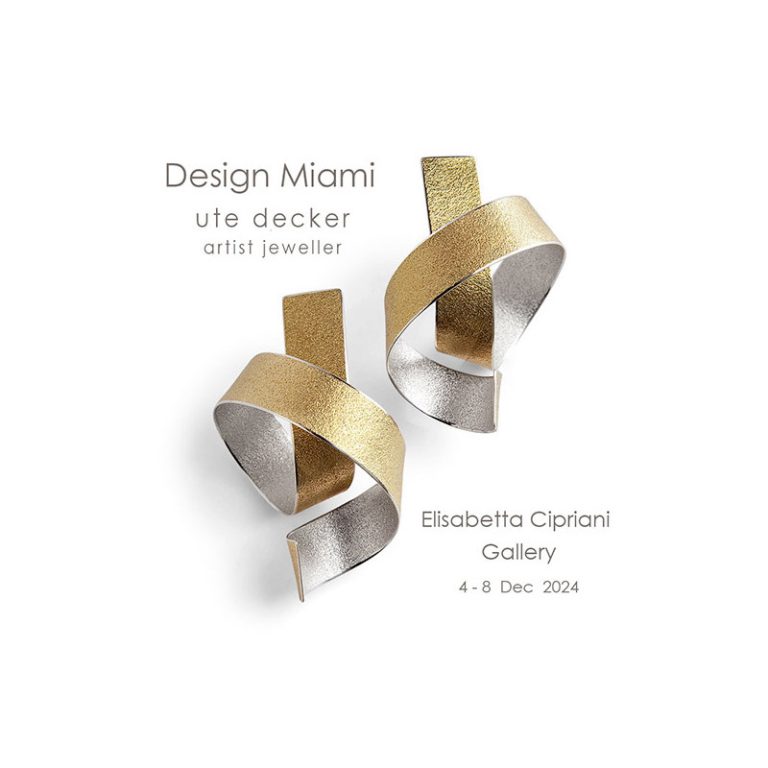 Man ray twist large bimetal sculptural earrings by artist jeweller Ute Decker for Design Miami 2024, represented by Elisabetta Cipriani Gallery, specialist in wearable art and art jewellery