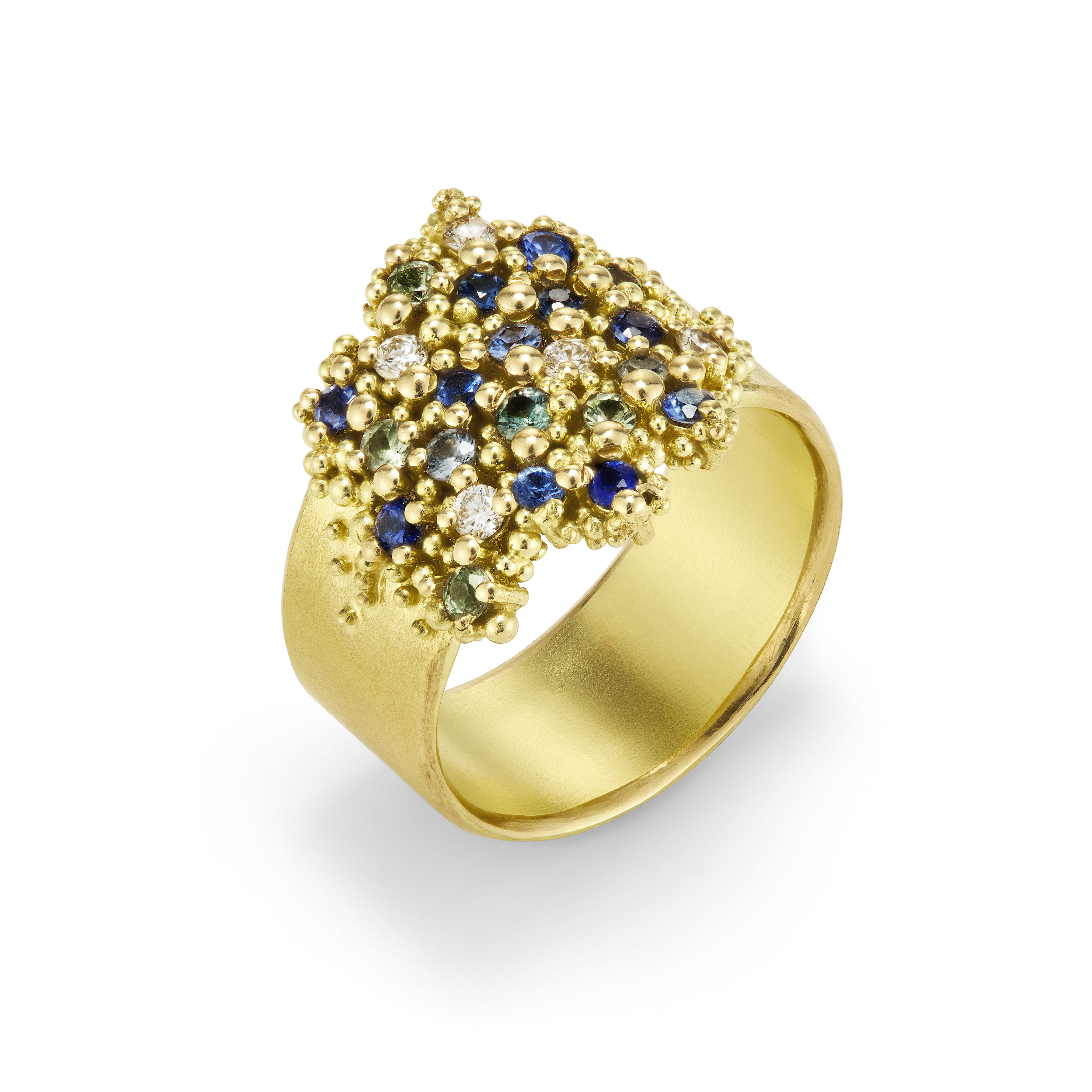 Hannah Bedford Mareel Ring 18ct yellow gold 24 green blue sapphires diamonds