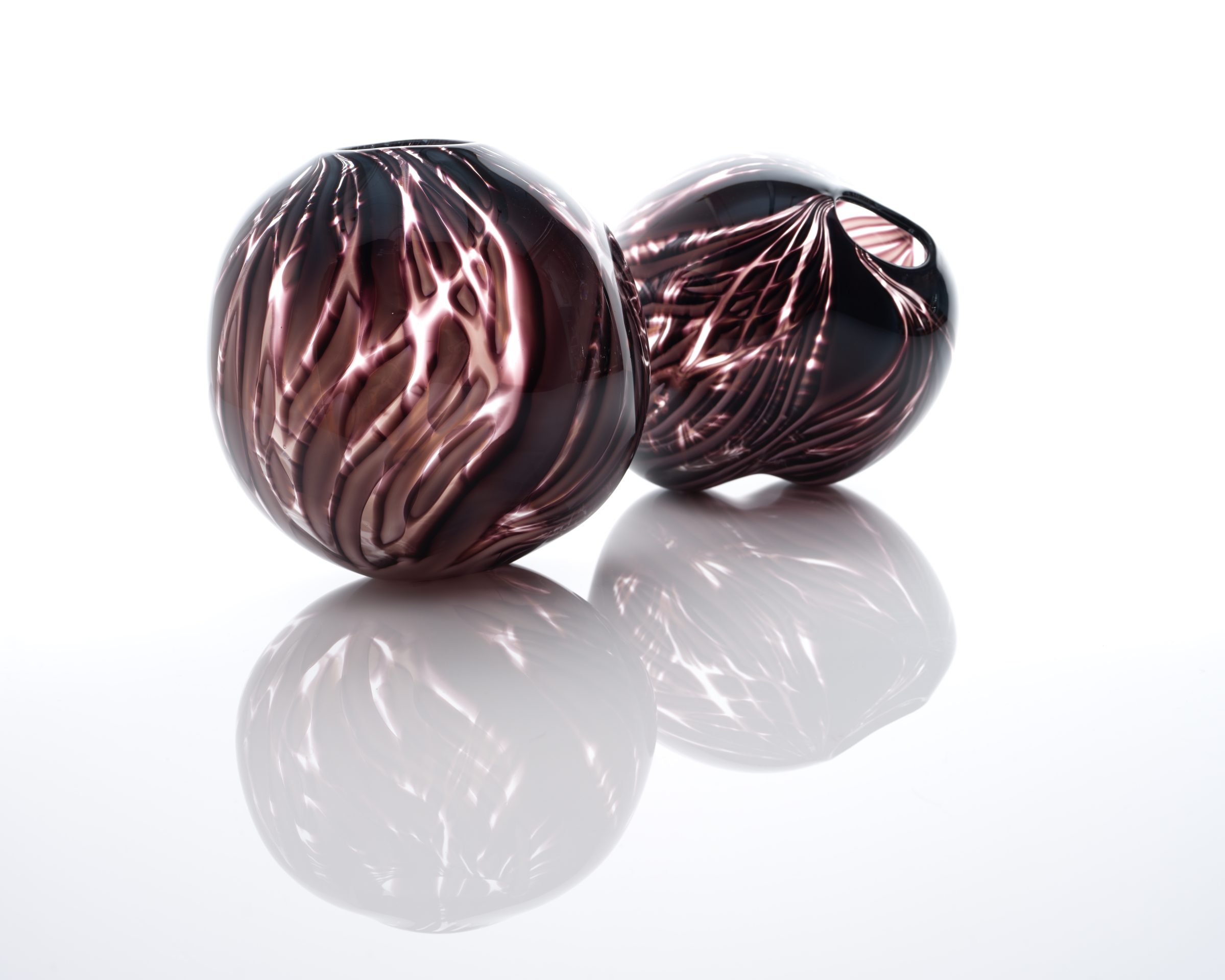 Charcoal Walnut Graal pods by Michele Oberdiek, blown glass sculpture