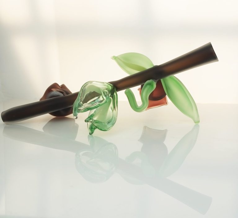 Michèle Oberdieck Sepia Bell and Tea Green Branch - glass sculpture, Fantasy Plants series.