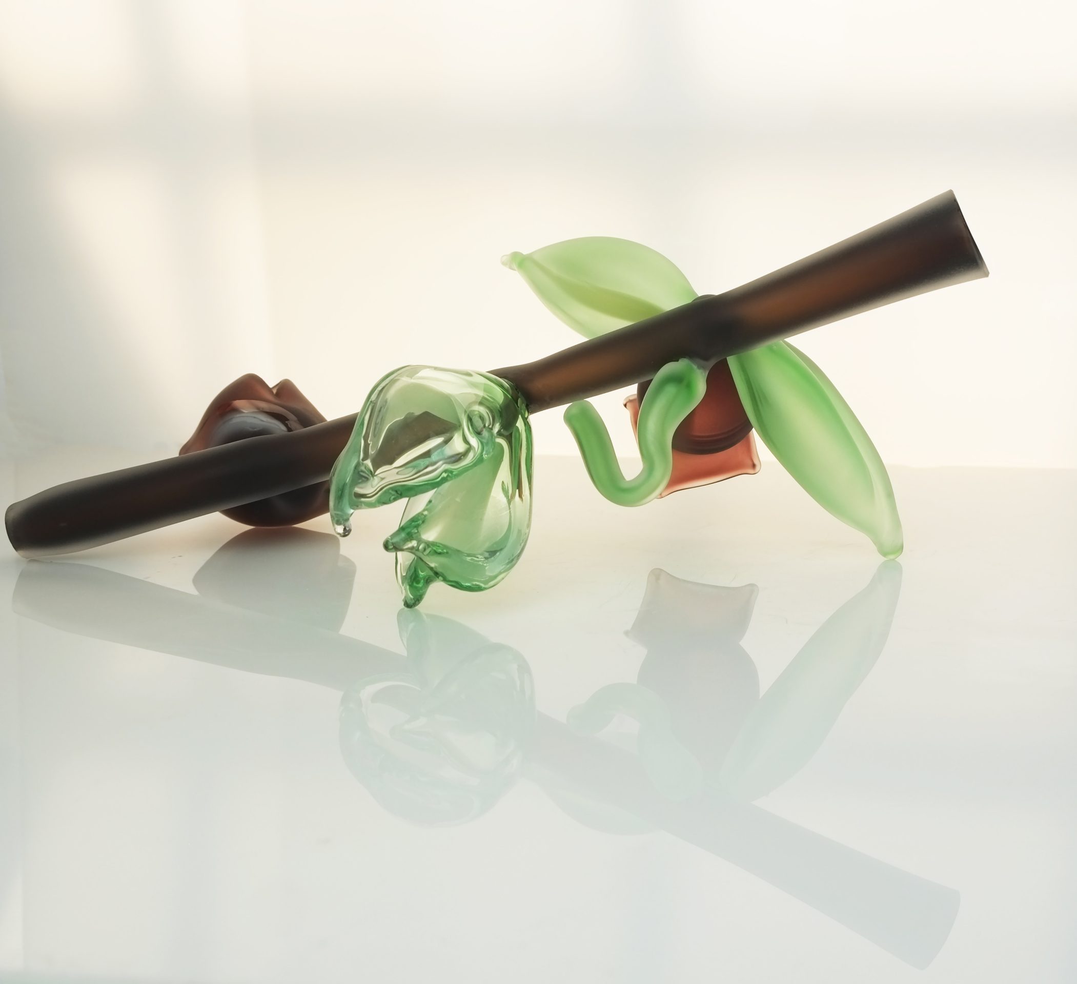Michèle Oberdieck Sepia Bell and Tea Green Branch - glass sculpture, Fantasy Plants series.