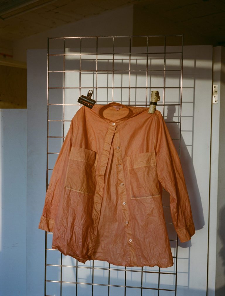 Shirt dyed with madder hanging on a rail with assorted coloured pegs.