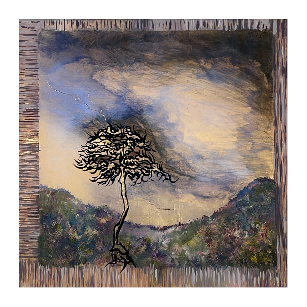 " The Storm Keeper" hinterglasmalerei ( reverse glass painting)30 x 30 cm glass, paint and medium, gold leaf 2025