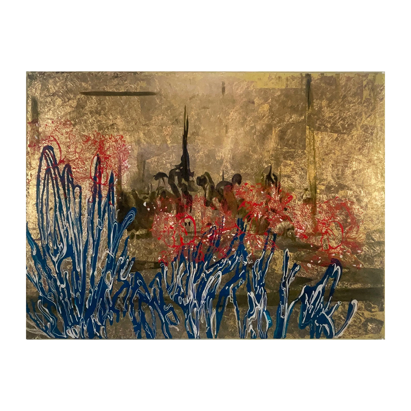 'Celestial gardens, golden sky" Hinterglasmalerei (reverse glass painting) 80 x 60 cm 2025