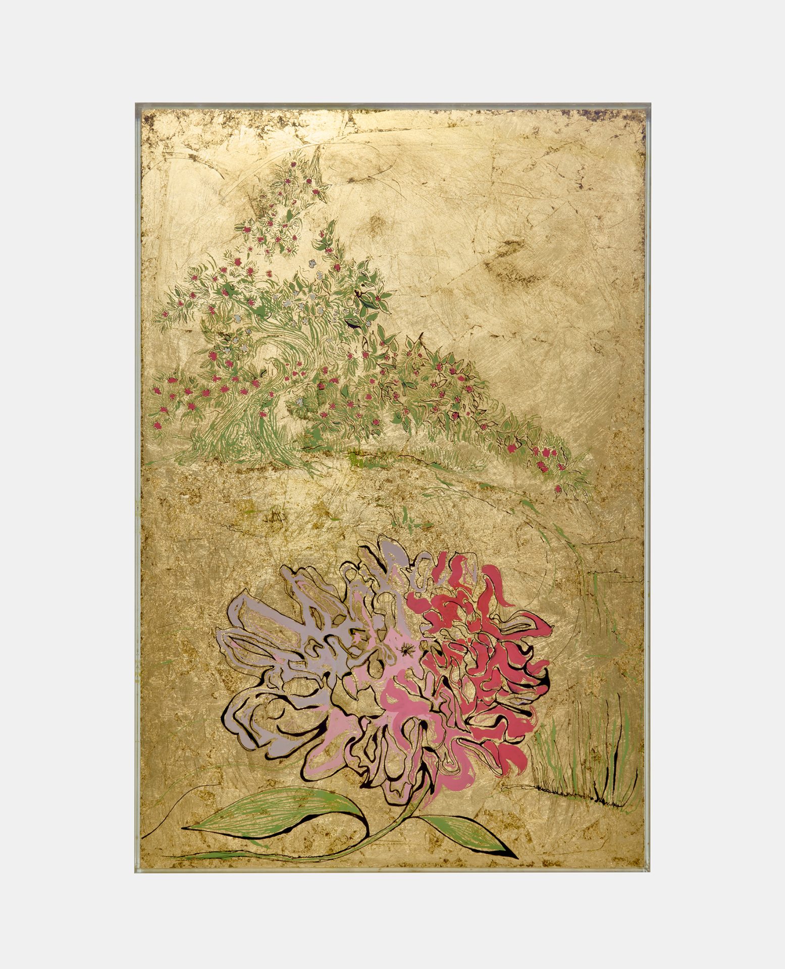 "Dahlia pink and gold' hinterglasmalerei (reverse glass painting) paint with medium, gold leaf on glass